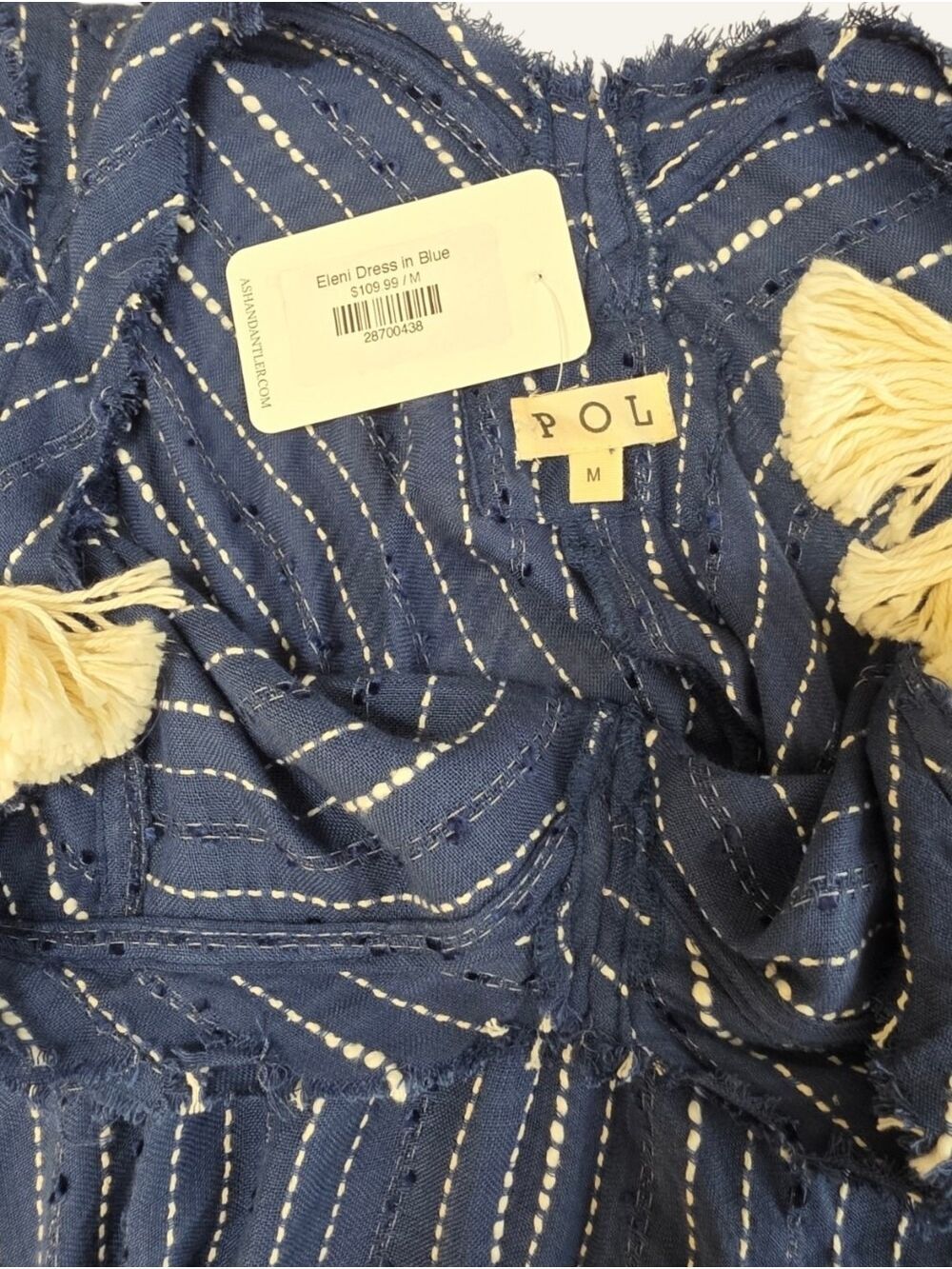 POL Eleni Blue Handkerchief Hem Tassel Dress Medium NWT Boho Cotton Artisan - Picture 9 of 11